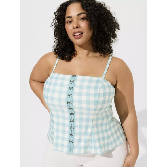 TORRID Fit And Flare Button Up Strapless Crop Top Jones Gingham Cloud Dancer NWT - Picture 1 of 15